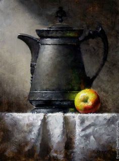 a painting of an apple and a tea pot