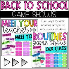 back to school game shows with text and pictures on the front, in bright colors