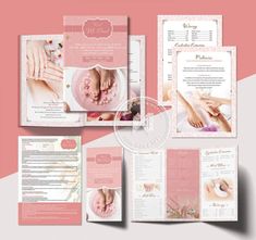 a pink brochure with images of hands and feet on the inside of it