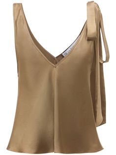 light brown silk V-neck single tie-fastening shoulder sleeveless V-back straight hem Chic Silk Tank Top For Work, Silk Tank Top For Workwear In Spring, Formal Silk Tank Top For Summer, Chic Viscose V-neck Tank Top, Chic Silk Summer Tank Top, Chic Sleeveless Tie-back Tank Top, Formal Silk Sleeveless Camisole, Chic Silk Tank Top For Summer, Silk Sleeveless Tank Top For Work