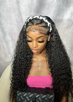 Wig Hairstyles Water Wave, Wet And Wavy Frontal Hairstyles, Middle Part With Fishtail Braid Straight, Crimp Frontal Hairstyles, 13x6 Frontal Hairstyles, Deep Wave Wig Swoop, Highlighted Curly Wig Hairstyles, Frontal Hairstyles Curly Hair, Curly Wig Hairstyles Black Women Braids