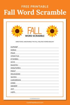 a printable fall word scramble with sunflowers on the front and bottom corner