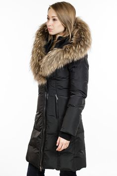 Kay-F4 by Mackage is a lavish winter down-filled coat for women with a tapered waist and fur-trimmed hood. Outershell & Lining: 100% polyesterFilling: 90% duck down, 10% featherTrim: 100% real natural Asiatic raccoon furContrast: 100% leather Coats Fashion, Winter Suit, Fur Hood Coat, Coat Fur, Fur Parka, Coat For Women, Down Parka, Leather Sleeve, Fur Hood