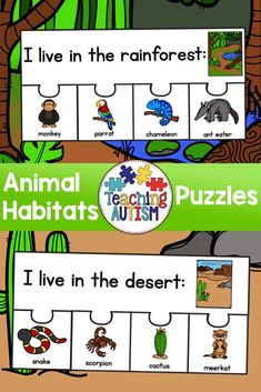 an animal habitats puzzle is shown with the words, i live in the rainforest and animals