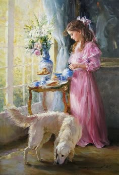 a painting of a girl and her dog in front of a table with flowers on it