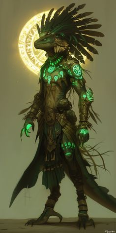 an image of a creature with green lights on it's head and arms, standing in