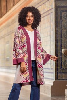 Peruvian Colorful Cotton Blend Cardigan with Andean Details - Serene Andes | NOVICA Bohemian Jacquard Knit Sweater, Traditional Multicolor Cardigan For Fall, Traditional Multicolor Fall Cardigan, Traditional Fair Isle Pattern Cardigan For Fall, Traditional Fair Isle Cardigan For Fall, Bohemian Multicolor Cardigan With Fair Isle Pattern, Multicolor Bohemian Cardigan With Fair Isle Pattern, Bohemian Multicolor Fair Isle Pattern Cardigan, Bohemian Multicolor Fair Isle Cardigan