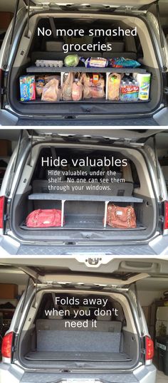 the back end of a van with two bags in it's trunk and an ad for hide valuables