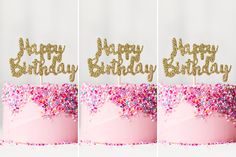 three photos of a birthday cake with pink frosting and sprinkles