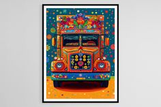 an art print of a brightly colored truck with flowers on the front and sides, against a gray wall