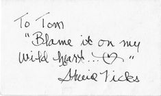 a handwritten note from an unknown member of the beatles's band, to tom blue is on my wild island