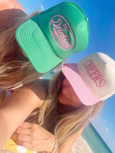 Support Day Drinking! Your new go to summer hat! This green hat with pink embroidery is SO perfect for beach drinks and ALLL summer long! Match with your best girlies on your brunch dates or for any upcoming trips! We love this hat! Girls Lake Weekend, Cute Trucker Hats, Summer Trucker Hat, Cute Trucker Hat, Trucker Hat Outfit, Hat Business, Bachelorette Hats, Trucker Hat Fashion, Funny Trucker Hat