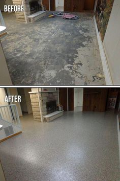 before and after photos of an empty living room with no carpet or furniture in it