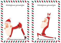 two christmas cards with santa claus doing yoga