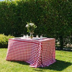 a red and white checkered table cloth on top of a green lawn with flowers