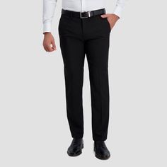 Premium Stretch Straight Fit Flat Front Dress Pant. This straight fit, flat front pant features Haggar's famous Perfect Fit™ waistband that flexes 2 inches, and stretch fabric designed to keep you comfortable all day long. No matter the occasion, the Premium Stretch dress pant is the perfect choice when you want to look your best. Size: 30x30. Color: Black. Gender: male. Age Group: adult. Pattern: Solid. Material: Polyester. Iron Pants, Straight Fit Trousers, English Fashion, Slacks Trousers, Straight Fit Pants, Fitted Dress Pants, Stretch Dress Pants, Flat Front Pants, Fun Pants