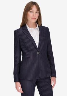 Slim-fitting and sophisticated, this pinstripe blazer from Tommy Hilfiger is tailored for every formal occasion. | Tommy Hilfiger Women's Slim Fit Pinstripe Blazer, 14 Pinstripe Suit Women, Suits Navy Blue, Blue Pinstripe Suit, Masculine Clothing, Petite Blazer, Pinstripe Blazer, Women's Suits, Business Casual Work, Zero Tolerance