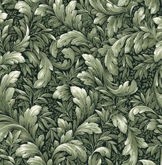 a green and white wallpaper with leaves on it's sides, in an ornate pattern