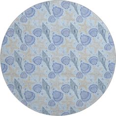 a blue and white rug with shells on the bottom, in front of a white background