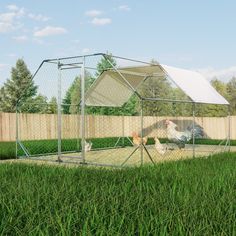 a chicken coop in the middle of a grassy yard with two chickens standing inside it