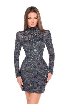 This elegant Amarra 88006 cocktail dress features a short, backless design and long sleeves adorned with intricate beading and sequins. Perfect for any homecoming or formal event, this dress exudes sophistication and style. The modern yet timeless design will make you stand out in any crowd. This dress features an intricate, ornate design adorned with swirling paisley patterns and sparkly beadwork throughout the garment. It has long sleeves and a fitted silhouette that hugs the body. Crafted fro Sparkly Homecoming Dresses, White Rehearsal Dinner Dress, Sheer Long Sleeve Dress, Backless Cocktail Dress, Military Ball Dresses, Bodycon Cocktail Dress, Rehearsal Dinner Dresses, Long Cocktail Dress, Long Sleeve Cocktail Dress