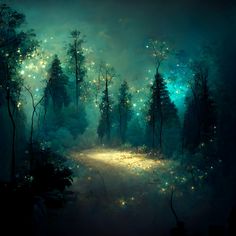 a painting of a forest at night with lights in the trees