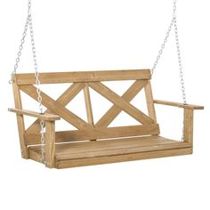 a wooden swing with chains hanging from it