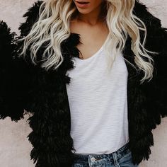 Faux Suede Women Shaggy Faux Fur Jacket Blazer Fits True To Size Black Fluffy Faux Fur Outerwear, Casual Black Faux Fur Coat, Trendy Fluffy Outerwear For Fall, Casual Black Faux Fur Outerwear, Chic Black Fur Coat For Fall, Black Faux Fur Outerwear For Spring, Spring Black Faux Fur Outerwear, Shaggy Jacket, Black Faux Fur Jacket