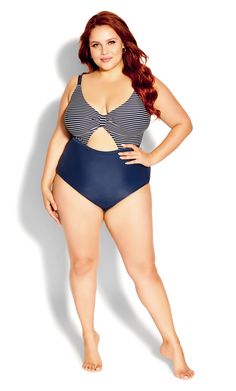 Show off your curves by the beach in the stunning new Lani Stripe 1 Piece! Featuring trendy front and back cut-out details, power mesh lining and molded cups, this swimsuit is designed to keep you secure and stylish. Key Features Include: - V-neckline with gathered detail - Cut out front & back - Molded cups - Clasp back closure - Power mesh lined front for a smoothing finish - Stretch fabrication - Cheeky brief cut Add a pair of strappy sandals and a wide brimmed hat for an elegant summer look. Curvy Swimsuit, Pear Shapes, Wide Brimmed Hat, Summer Style Guide, Best Swimwear, Denim Chic, Striped One Piece, Swimwear Online, By The Beach