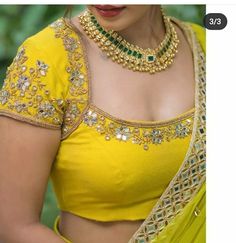 Latest Blouse Embroidery Work, Simple Work Blouse Designs For Pattu, Yellow Blouse Designs Latest, Yellow Blouse Maggam Work, Cold Shoulder Blouse Designs, Blouse Maggam Work, Mirror Work Blouse Design, Blouse Designs High Neck, Latest Bridal Blouse Designs