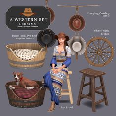 a woman sitting on a chair next to a dog in a basket and other items