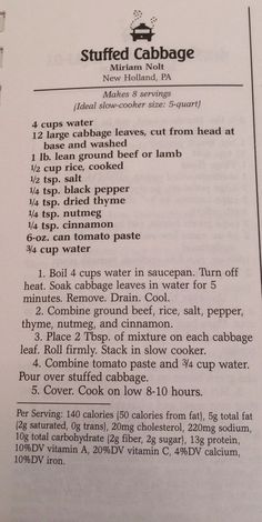 the recipe for stuffed cabbage is shown in an open book