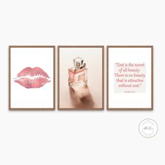 three framed pictures with lipstick on them