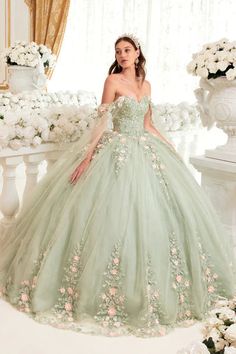 Sage Ball Gown With Blush Floral Details Quincenera Dress With Sleeves, Quinceanera Dresses Sage Green, Sage Quinceanera Dress, Pastel Quinceanera Dresses, Sage Quinceanera, Sage Green Quinceanera Dresses, Quince Outfit, Beautiful Ballgown, Green Quinceanera Dresses