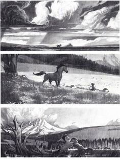 three different views of horses in the mountains