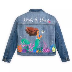 This Disney Jean Jacket Is Perfect For Any Little Mermaid Fan! Tags: The Little Mermaid, Mermaids, Jean Jacket, Disney, Valentine's Day, Spring, Summer, Fall, Winter, Embroidered Jacket, Travel, Party, Cocktail, Casual, Ready To Stand, Halle Bailey, Live Action Film, Ariel Disney Jean Jacket, Little Mermaid Live Action, Upcycled Denim Jacket, Disney Jacket, Travel Party, Disney Stuff, Action Film, Stylish Jackets, Faded Denim