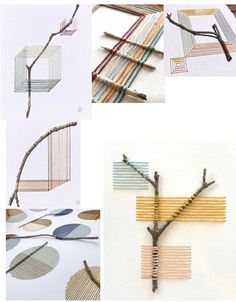 four different types of art made out of wood sticks and wire, each with an individual's own design