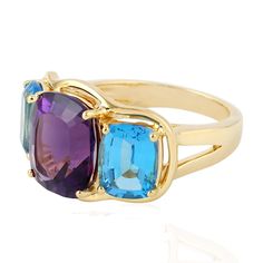 Modern style gemstone jewelry. This Ring is made of gold and gemstone material and is capable of reflecting some light to produce a natural glow. A unique feature found only in premium jewelry. This Ring is handmade in 18k Yellow Gold : 8. 584 grams , and  Amethyst :  5. 49 cts , Blue Topaz : 5. 41 cts (ING-8559)  This jewelry is made by hand featuring detailed workmanship. Be careful to avoid dropping or banging as physical impacts can result in damage to the pieces including stones falling off Formal Blue Amethyst Ring, Blue Amethyst Ring Elegant Style, Blue Amethyst Elegant Ring, Elegant Blue Amethyst Ring, Luxury Blue Amethyst Gemstone Ring, Elegant Blue Multi-stone Amethyst Ring, Tanzanite Topaz Gemstone Ring As Gift, Multi-stone Amethyst Ring As A Gift, Premium Jewelry