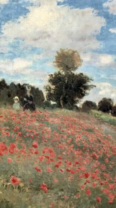 a painting of a field full of red flowers