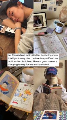 a woman laying on top of a desk next to books