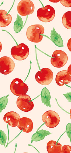 the cherries are painted in bright red and green on a white background with leaves