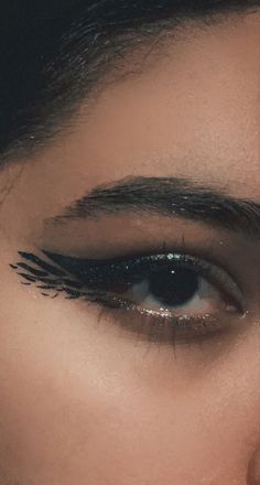 Bird Eye Makeup Feathers, Bird Wing Eyeliner, Raven Bird Makeup, Feather Makeup Eye, Crow Eye Makeup, Crowley Inspired Makeup, Crow Costume Makeup, Owl Inspired Makeup, Raven Eye Makeup