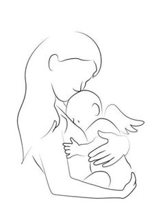 a woman holding a baby in her arms, with the outline of an angel above her head