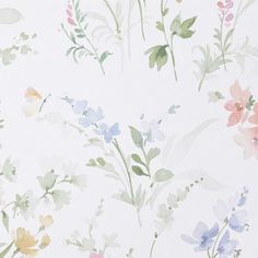 a white wallpaper with colorful flowers and green leaves on the top right hand corner