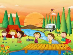 kids playing at the riverbank with camper and rv in the background stock illustration