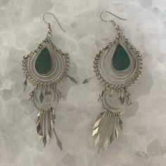 Never Used Nickel Free Silver Chandelier Earrings For Festivals, Nickel-free Silver Chandelier Earrings For Festivals, Green Metal Chandelier Earrings, Elegant Silver Chandelier Earrings For Festival, Silver Teardrop Jewelry For Festival, Silver Metal Chandelier Earrings For Festivals, Green Stones, Earrings Color, Green Stone