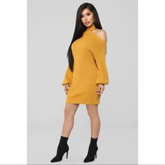 Color: Mustard Sweater Mini Dress Choker Neckline Single Cold Shoulder Stretch 100% Cotton Trendy Winter Brunch Dresses, Yellow Casual Mini Dress For Fall, Casual Winter Midi Dress For Brunch, Yellow Dress For Date Night In Fall, Yellow Mini Dress For Fall Brunch, Yellow Midi Dress For Fall, Fall Yellow Mini Dress For Date Night, Fashion Nova Black Dress, Mustard Fashion