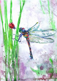 a watercolor painting of a dragonfly and ladybug on the side of a pond