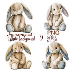 three watercolor illustrations of stuffed animals with different colors and sizes, including one bunny