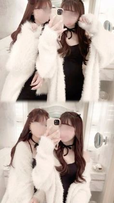 two pictures of a woman taking a selfie with her cell phone and wearing a white fur coat